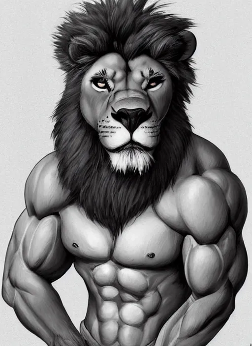 Image similar to award winning beautiful portrait commission art of a buff male furry anthro lion fursona with a cute beautiful attractive detailed furry face wearing gym shorts and a tanktop. Character design by charlie bowater, ross tran, artgerm, and makoto shinkai, detailed, inked, western comic book art