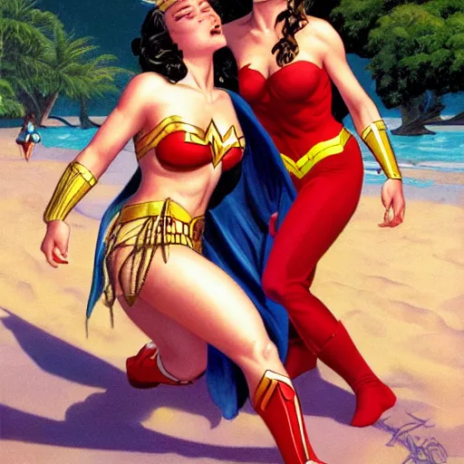 Image similar to padme and wonder woman wrestling at the beach, 8k photo, joe Jusko, artstation, Frank Frazetta