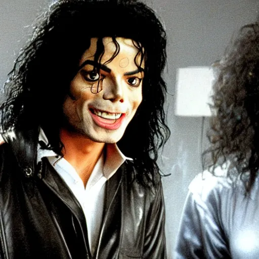 Prompt: Michael Jackson on the film set of Tommy Wiseau's movie The Room, production photo