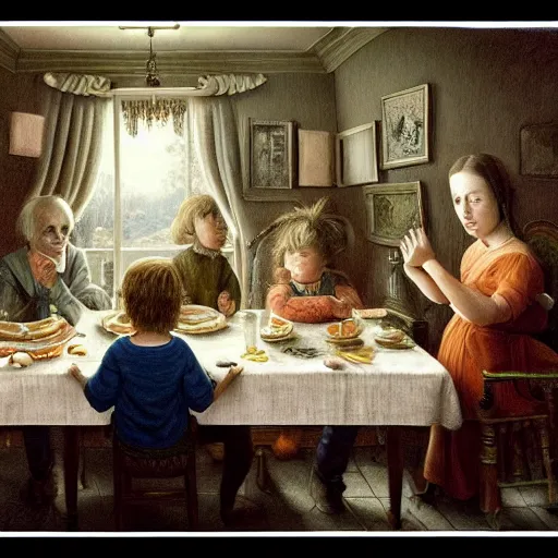 Prompt: a magnificent masterpiece artwork depicting a sad family at a dinner table, by laurie lipton, trending on artstation, cinematic, highly detailed, 8 k,