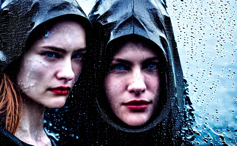 Prompt: cinestill 5 0 d candid photographic portrait by christopher nolan of two loving female androids wearing rugged black mesh techwear in treacherous waters, extreme closeup, modern cyberpunk moody emotional cinematic, pouring rain, 8 k, hd, high resolution, 3 5 mm, f / 3 2, ultra realistic faces, ex machina