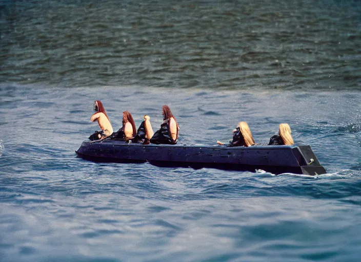 Image similar to photo of viking women in speed boats hunting, hyper realism, fujifilm velvia 5 0