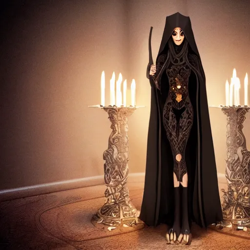 Prompt: Tall, beautiful, slender female witch with dark hair, dressed in black robes and golden body armor, in the background is a candle lit room, intricate detail, symmetrical facial features, naturally proportioned body, photorealism,