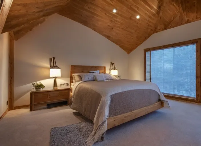 Prompt: night time bedroom with exposed beam ceilings, warm lighting, low lighting, hazy, cozy