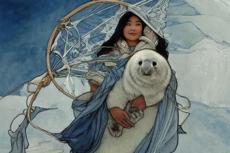 Prompt: a Inuit hauling a baby harp seal in a net, gray and blue and white colors, water color, art by artgerm and greg rutkowski and alphonse mucha and jin xiaodi and anthony devine