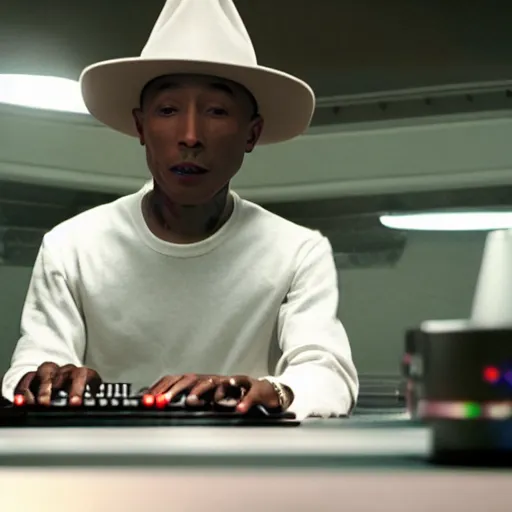 Image similar to cinematic film still of Pharrell Williams Making A Beat with an anthropomorphic alien, Japanese VFX, 2018, 400mm lens, f1.8, shallow depth of field,film photography