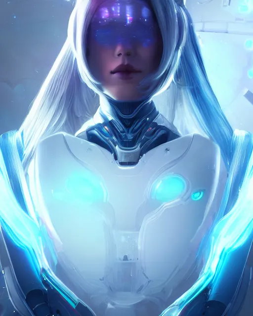 Image similar to perfect android girl on a mothership, warframe armor, beautiful face, scifi, futuristic, galaxy, nebula, raytracing, dreamy, long white hair, blue cyborg eyes, sharp focus, cinematic lighting, highly detailed, artstation, divine, by gauthier leblanc, kazuya takahashi, huifeng huang