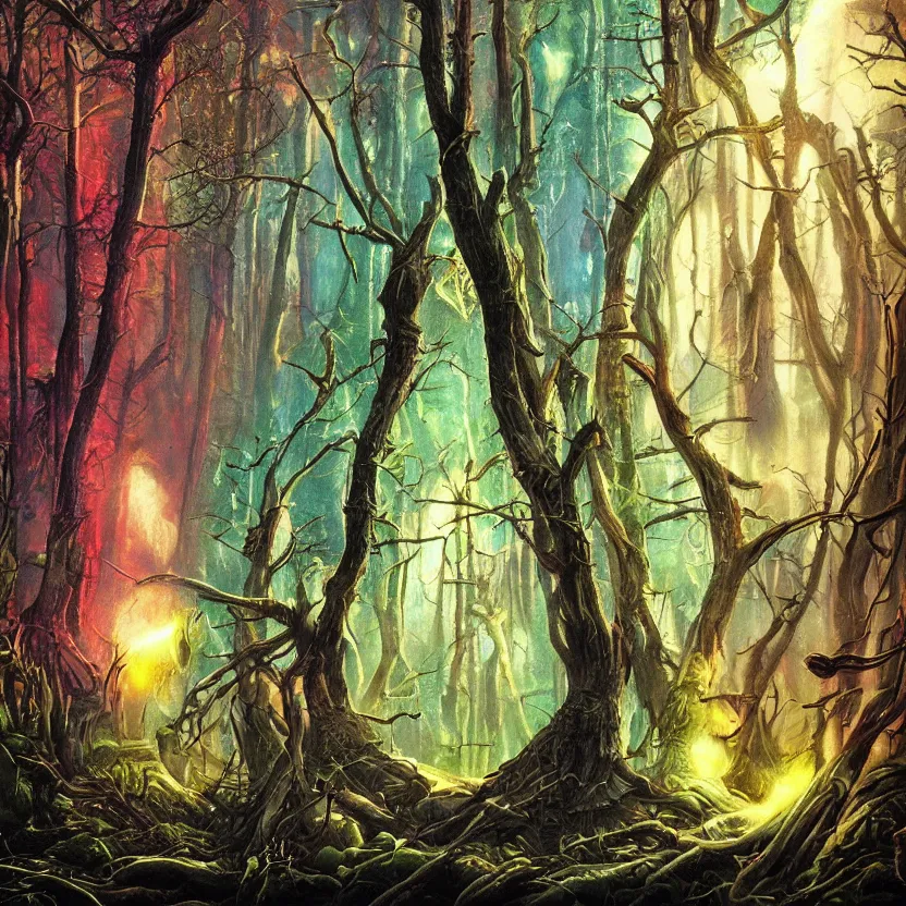 Prompt: a dark fantasy forest with rainbow eyes hiding in the dark. hyperrealist fantastic and absurd. science fiction and fantasy illustration. richly colored painting by don ivan punchatz.
