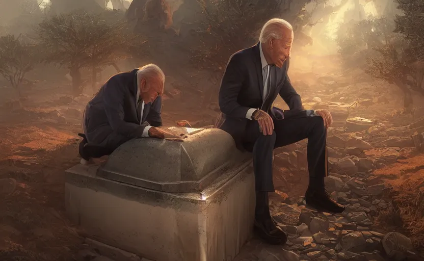 Image similar to highly detailed portrait of joe biden in a grave, in gta v, stephen bliss, unreal engine, fantasy art by greg rutkowski, loish, rhads, ferdinand knab, makoto shinkai and lois van baarle, ilya kuvshinov, rossdraws, tom bagshaw, global illumination, radiant light, detailed and intricate environment