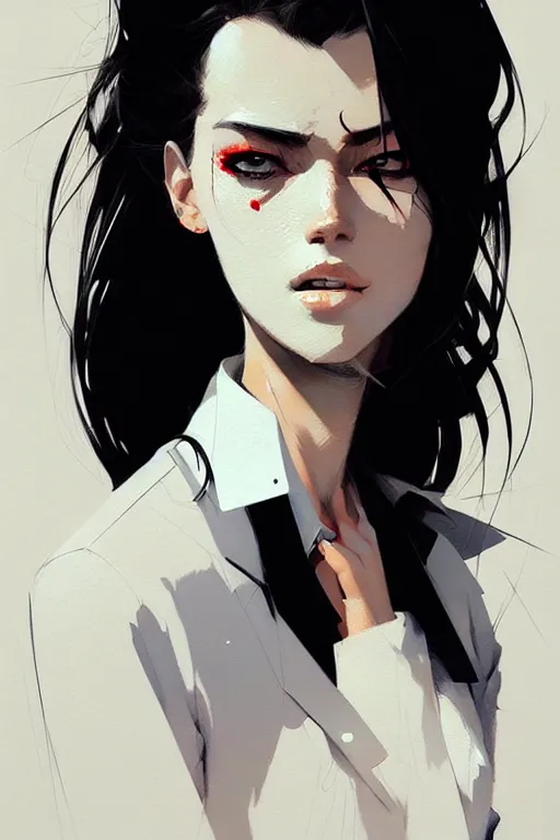 Image similar to a ultradetailed beautiful panting of a stylish woman, she is wearing a white shirt with a tie and black pants, by conrad roset, greg rutkowski and makoto shinkai trending on artstation