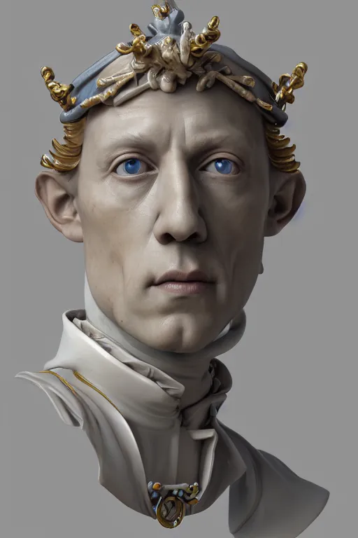 Prompt: a realistic porcelain rococo style bust of handsome young Pablo Picasso prince with colored pipecleaners for a crown and suspended in outer space, photorealism, octane render, depth of field, 8k, 35mm, artgem, Trending on artstation