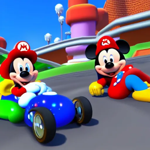 Prompt: mickey mouse in mario kart, unreal engine