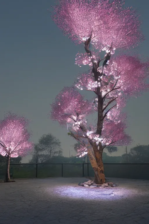 Prompt: glass cherry blossom tree light, blossoms like glowing rock - candy, unreal engine 5, octane render, lumen reflections, quixel megascan, 8 k, studio lighting