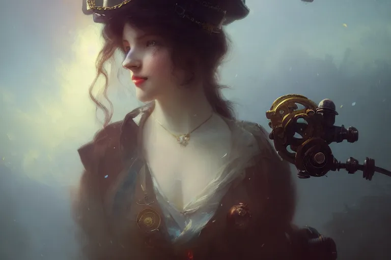 Prompt: Steampunk girl, portrait, smiling, painting by Ivan Aivazovsky and Greg Rutkowski, artstation, fantasy, intricate, beautiful, cinematic, octane render, arnold render, 8k, hyper realism, detailed, sharp focus, 4k uhd, masterpiece, award winning