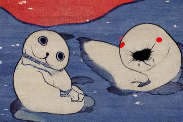 Image similar to baby harp seal as Japanese demons, traditional Japanese painting