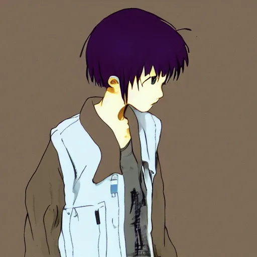 Image similar to a portrait of tomboy Lain from serial experiments: Lain Shinji with a town behind