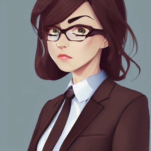 Image similar to woman in business suit, brown neat hair, pixiv, fanbox, trending on artstation, digital art, portrait, modern, sleek, highly detailed, formal, serious, determined, competent, colorized, smooth, charming, pretty, safe for work, law office