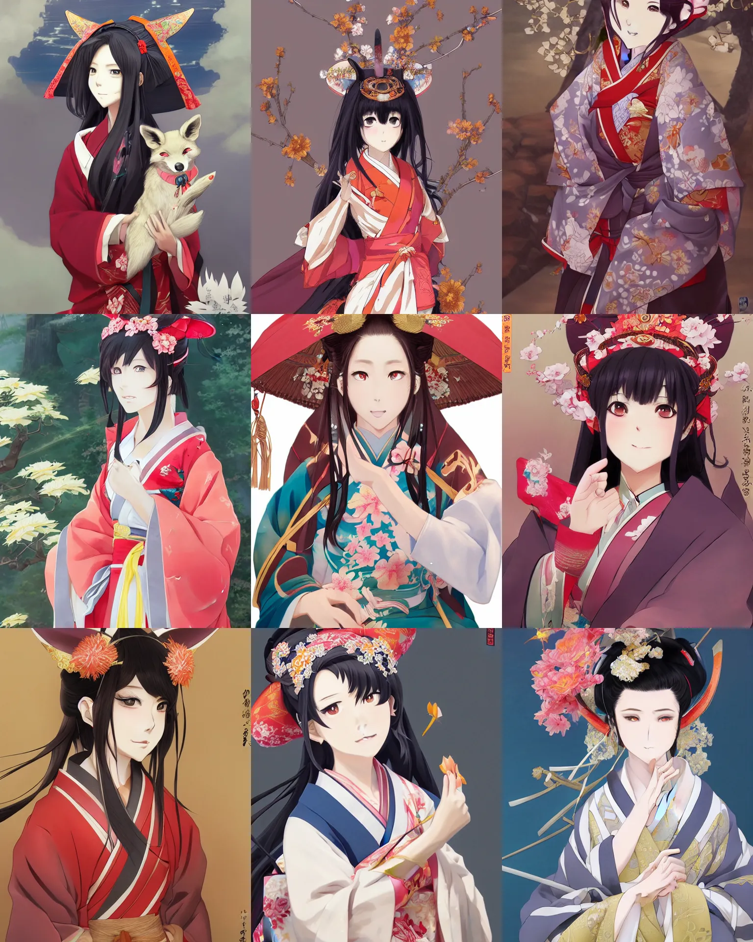 Prompt: An anime portrait of Ssunbiki as a noble Japanese lady with fox ears wearing a kimono, by Stanley Artgerm Lau, WLOP, Rossdraws, James Jean, Andrei Riabovitchev, Marc Simonetti, and Sakimichan, trending on artstation