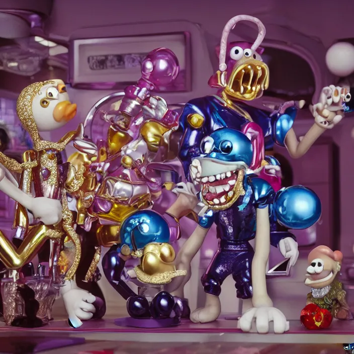 Prompt: jeff koons hip hop bauhaus style street sharks sailor moon wearing diamond grillz and a ton of bussdown iced gold bling in wallace & gromit strata - cut claymation, ultra realistic, concept art, intricate details, serious, highly detailed, photorealistic, octane render, 8 k, unreal engine, art by todd mcfarlane