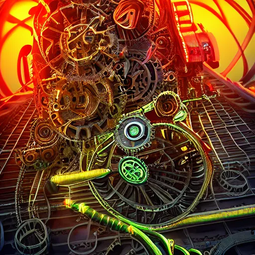 Image similar to album art, album is called tripmachine, tripmachine, photo of a huge futuristic steampunk machinery with gears and belts, many tubes and cables, 8 k, fluorescent colors, halluzinogenic, multicolored, exaggerated detailed, front shot, 3 d render, octane