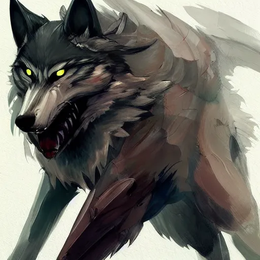 Image similar to concept art of night themed wolf fullbody, highly detailed painting by dustin nguyen, akihiko yoshida, greg tocchini, 4 k, trending on artstation, 8 k