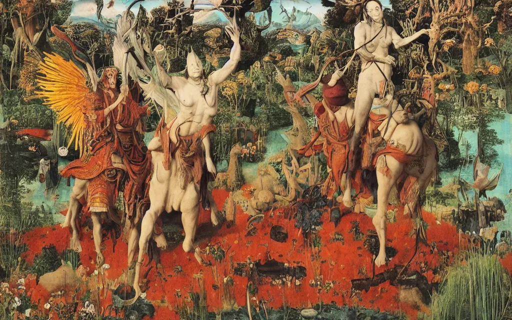 Image similar to a portrait photograph of a meditating shaman and a centaur monk riding a harpy and hunting at a river delta. surrounded by bulbous flowers and trees. mountain range under a blue sky of fiery stars. by jan van eyck, max ernst, ernst haeckel, ernst fuchs and artgerm, cgsociety, fashion editorial, 8 k