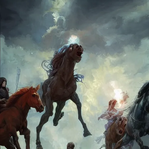 Prompt: four horsemen of the apocalypse, oil painting, by Fernanda Suarez and and Edgar Maxence and greg rutkowski