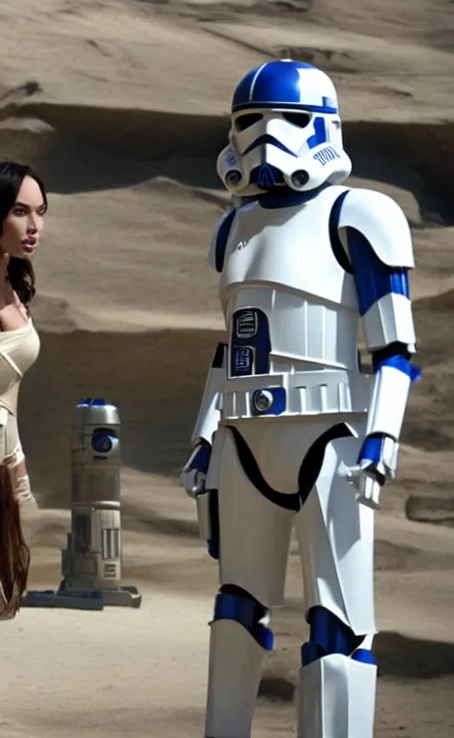 Prompt: Still of Megan Fox, with R2-D2, being briefed on the clone wars by a brunette clone trooper. beautiful composition, Star Wars Universe, Cinematic Lighting, beautiful face, beautiful eyes, 8K resolution