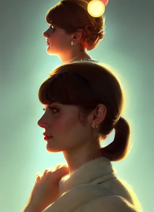 Image similar to portrait of betty cooper with fluffy bangs, bangs, 1 9 6 0 s, ponytail, curly bangs and ponytail, rounder face, intricate, elegant, glowing lights, highly detailed, digital painting, artstation, concept art, smooth, sharp focus, illustration, art by wlop, mars ravelo and greg rutkowski