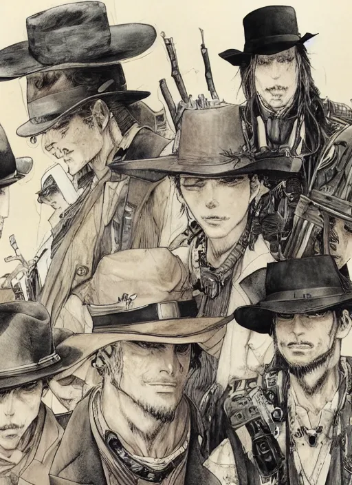 Image similar to a gunslinger wearing various hats on top of hats, by takehiko inoue and kim jung gi and hiroya oku, masterpiece ink illustration