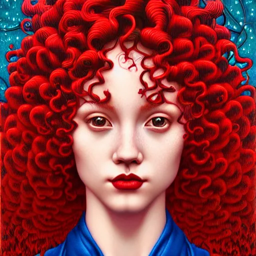 Image similar to beautiful ornate face of a woman with red curly hair poking out of water by Casey Weldon and Chie Yoshii, rich colors, intricate, elegant, highly detailed, centered, digital painting, artstation, concept art, smooth, sharp focus, illustration, octane render