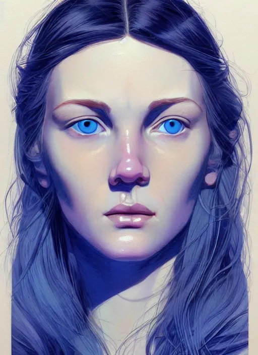 Image similar to a close up on the face of a beautiful woman in a future space suit; highly detailed; pretty blue eyes; pupils; artwork by james jean and Phil noto