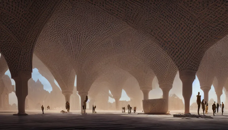 Prompt: the inside of a monument with arabian motifs, by tim blandin and arthur haas and bruce pennington and john schoenherr, big windows architecture by zaha hadid, octane render, cinematic, scenery, cgsociety, modernism, futuristic, trending on artstation, sci - fi, high detail, high quality, close up angle, people walking