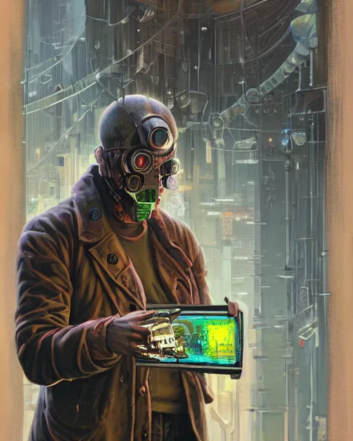 Image similar to a painting of a man holding a machine in his hands, cyberpunk art by les edwards and by michael whelan and by dan mumford, cgsociety, neoplasticism, lovecraftian, future tech, circuitry