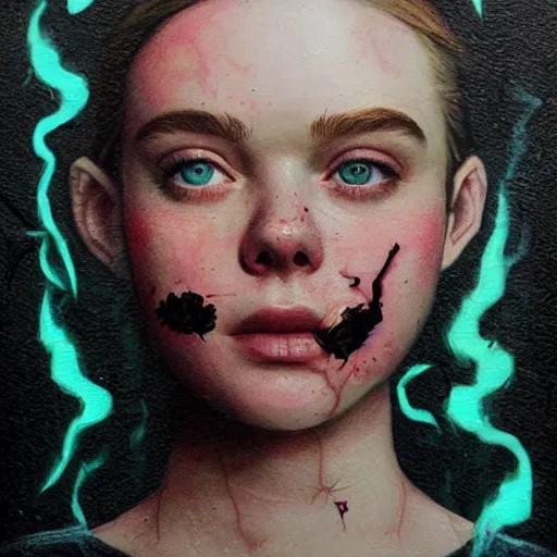 Image similar to Elle Fanning in The Last of Us picture by Sachin Teng, asymmetrical, bioluminescent cordyceps, dark vibes, Realistic Painting , Organic painting, Matte Painting, geometric shapes, hard edges, graffiti, street art:2 by Sachin Teng:4