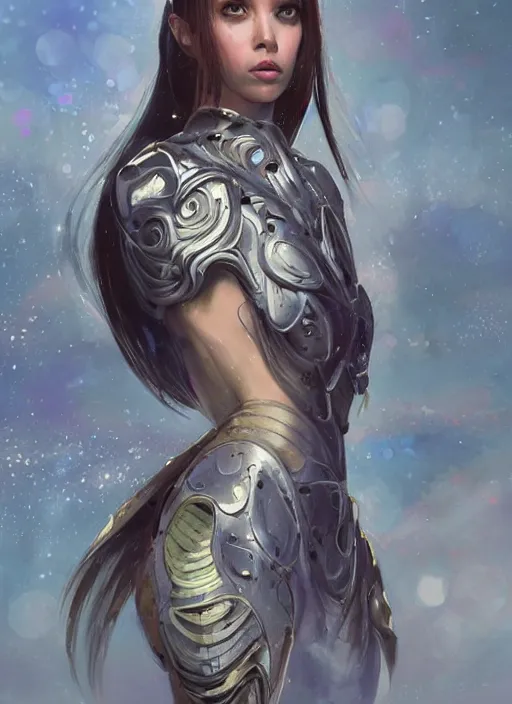 Image similar to a professional painting of a beautiful young female alien, clothed in ethereal armor, olive skin, long dark hair, beautiful bone structure, symmetrical facial features, intricate, elegant, digital painting, concept art, smooth, sharp focus, illustration, from Valerian and the City of a Thousand Planets, by Ruan Jia and Mandy Jurgens and Artgerm and William-Adolphe Bouguerea