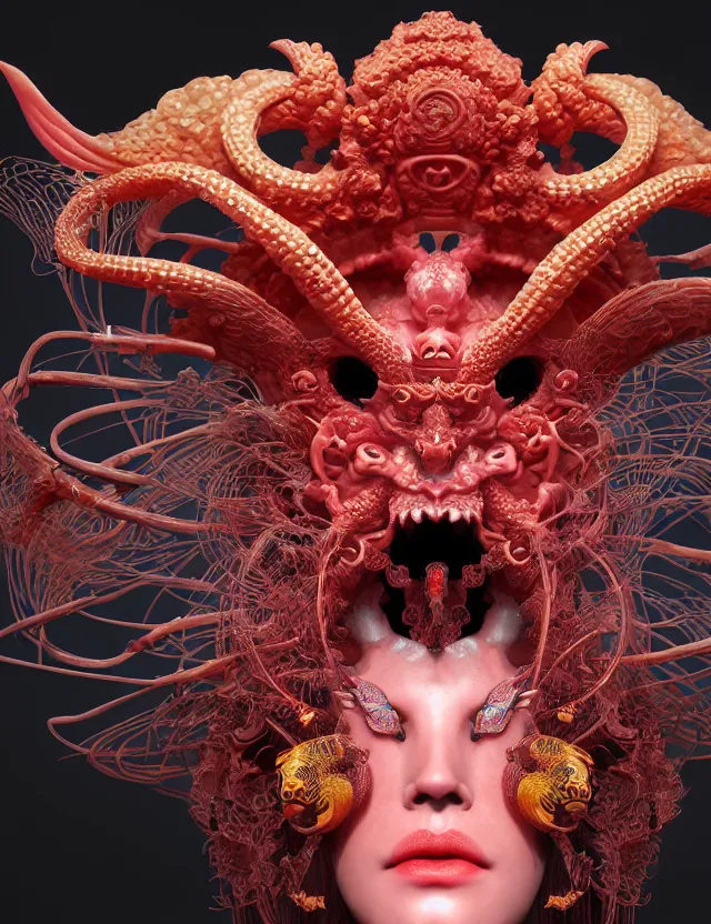 Image similar to 3 d goddess close - up profile satan biohazard portrait with crown, ram skull. beautiful intricately detailed japanese crow kitsune mask and clasical japanese kimono. betta fish, jellyfish phoenix, bio luminescent, plasma, ice, water, wind, creature, artwork by tooth wu and wlop and beeple and greg rutkowski