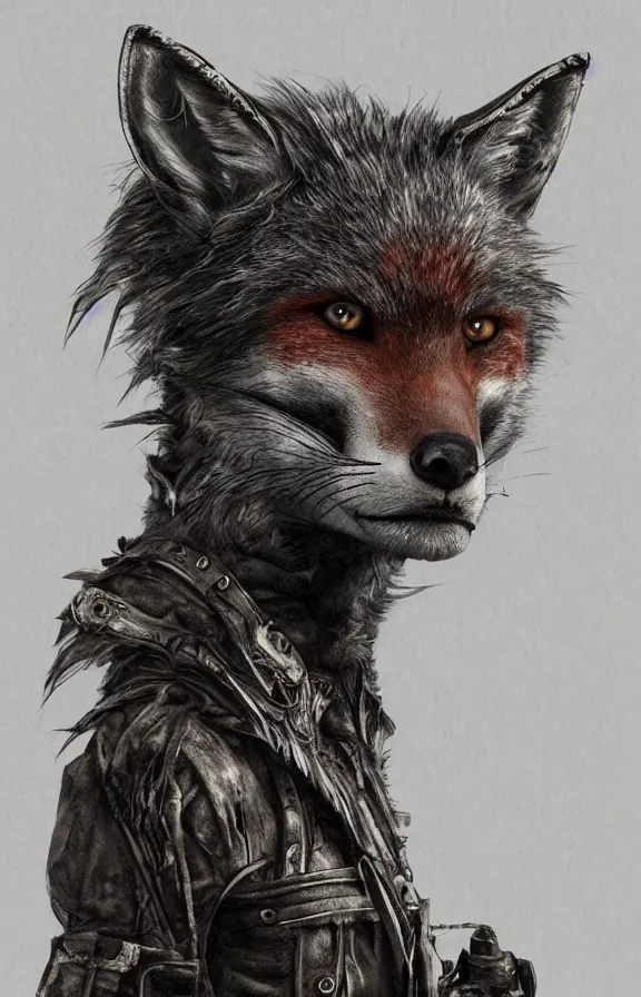 Image similar to realistic detailed portrait of fox warrior, post apocalyptic, gritty, art nouveau, victorian, neo - gothic, gothic, character concept design