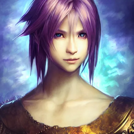 Prompt: final fantasy characters portrait, atmospheric lighting, painted, golden ratio, purple lighted scene, intricate, highly detailed by rembrandt