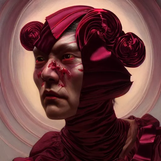 Image similar to chaotic burgundy satin ribbons instead of skin build image of mystic face, moebius, bao pham, donato giancola, larry elmore, masterpiece, trending on artstation, featured on pixiv, cinematic composition, beautiful lighting, sharp, details, hyper - detailed, hdr, 4 k, 8 k