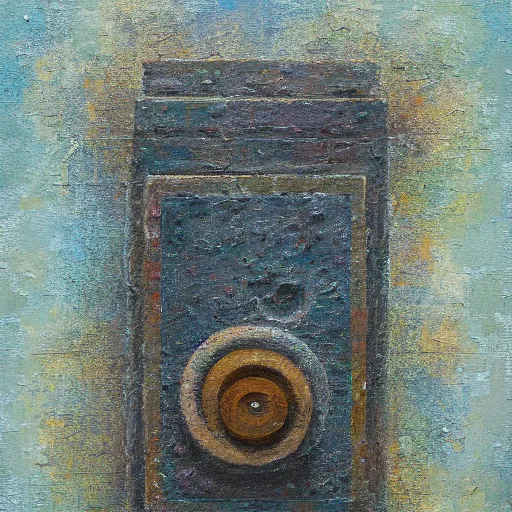 Prompt: a detailed impasto painting by shaun tan and colin frangicetto of an abstract forgotten sculpture by the caretaker and ivan seal