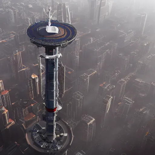 Image similar to a space elevator rising from the center of a misty metropolis, highly detailed, 8k, sharp focus