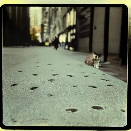 Image similar to wide-shot, low-angle eyesight first-person!! cat's paw prints on fresh cement at the street, polaroid photo, by Andy Warhol