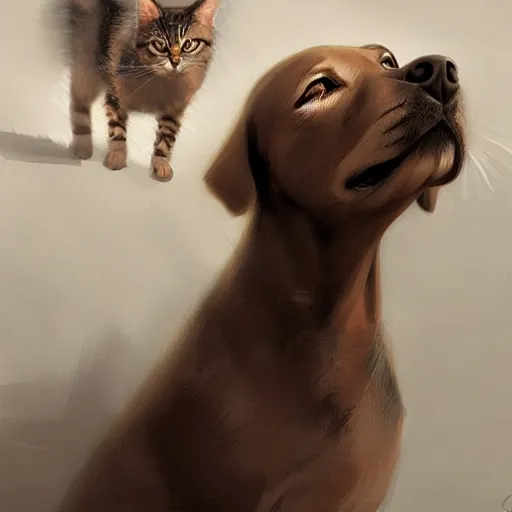 Prompt: A dog and cat stare intently towards the sky, digital art, artstation, Mandy Jurgens, CGSociety, WLOP