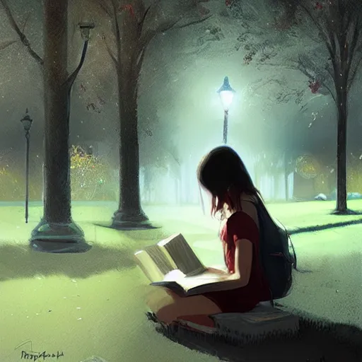 Image similar to a girl reading a book, city park, street lighting, greg rutkowski, digital painting