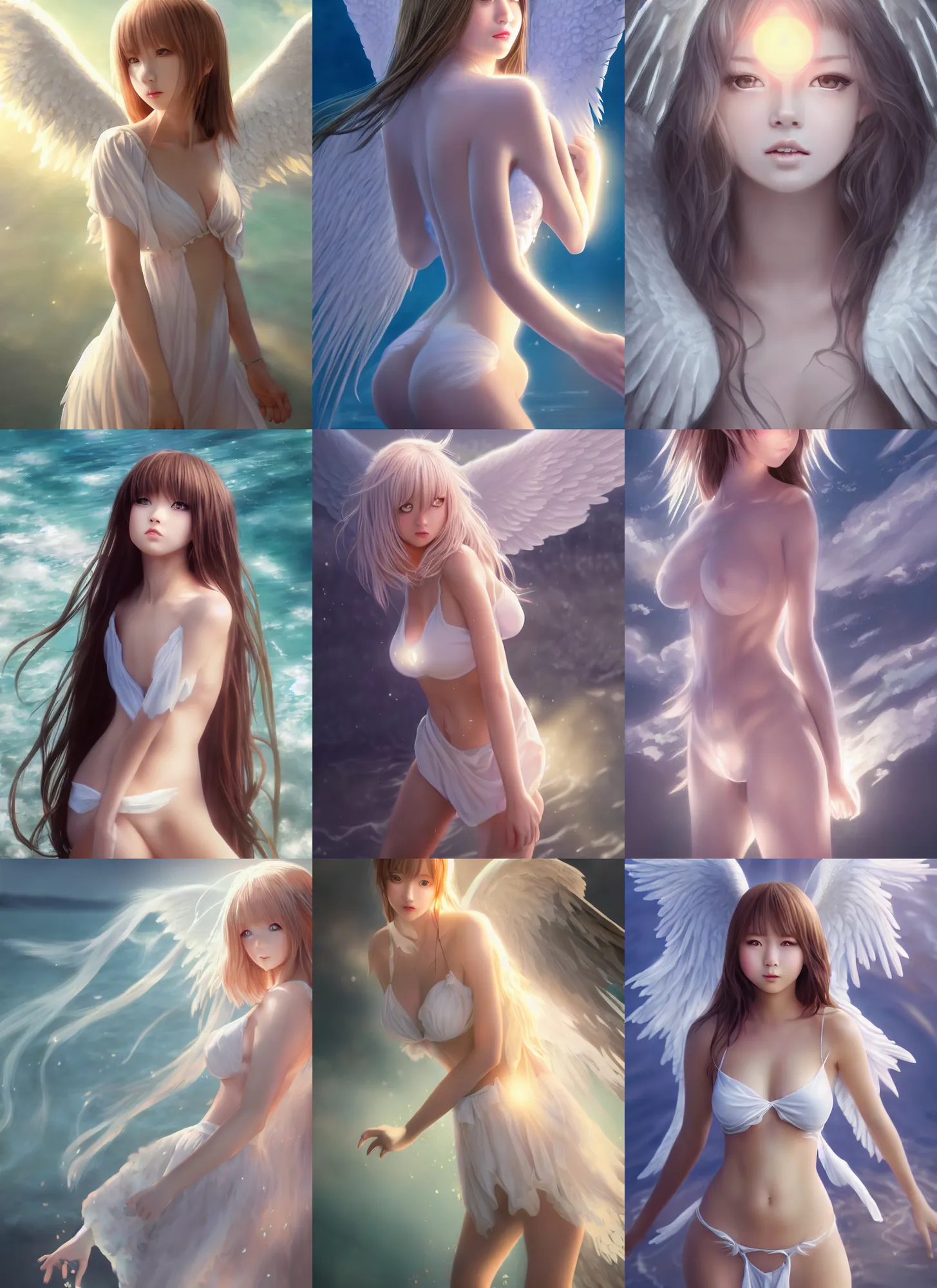 Prompt: detailed full body portrait of innocent angel rising out of lake, anime, glow, beautiful, pretty face, white eyes, curvaceous, dreamy aesthetic, 4 k, sun yunjoo, ultra realistic, aura of light, cinematic lighting, highly detailed, sharp focus, artstation, masterpiece, art by hyungjin yang