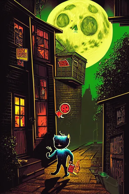 Prompt: a photorealistic vintage goosebumps cover art style illustration of a monster coming out of a garbage can in a dark alley way at night with moonlight casting shadows.