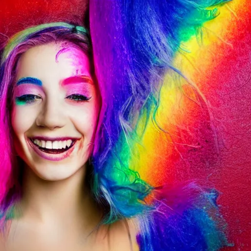 Image similar to smiling woman with rainbow hair and rainbow makeup, viscous rainbow paint, rainbow bg, portrait