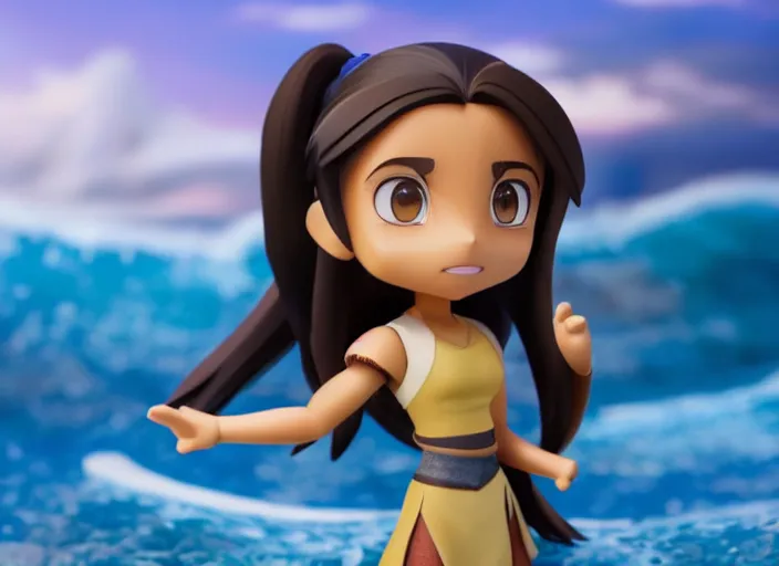 Prompt: katara from avatar as nendoroid is summoning a giant wave, in the croods movie style, anime, disney, pixar, 8 k, hd, dof, kodak film, volumetric lighting, subsurface scattering, photorealistic, octane render, details