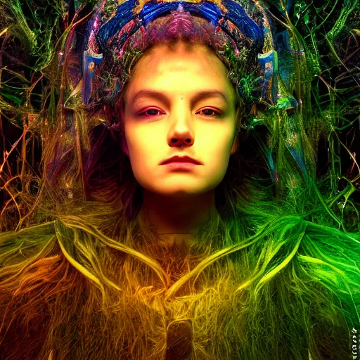 Image similar to tapping in to something greater, piles of modular synth cables, goddess portrait wearing a big headpiece in a mystical glowing forest in the style of wlop, stanley kubrick, masamune, unique perspective, eastman color, perfect details, trending on artstation, 3 d render, smooth render, green and blue palette, wlop